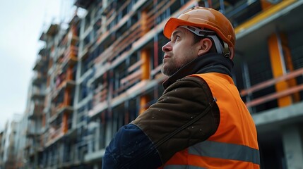 Construction site manager standing  wearing safety vest and helmet thinking at construction site Young architect watching construction site with confidence : Generative AI