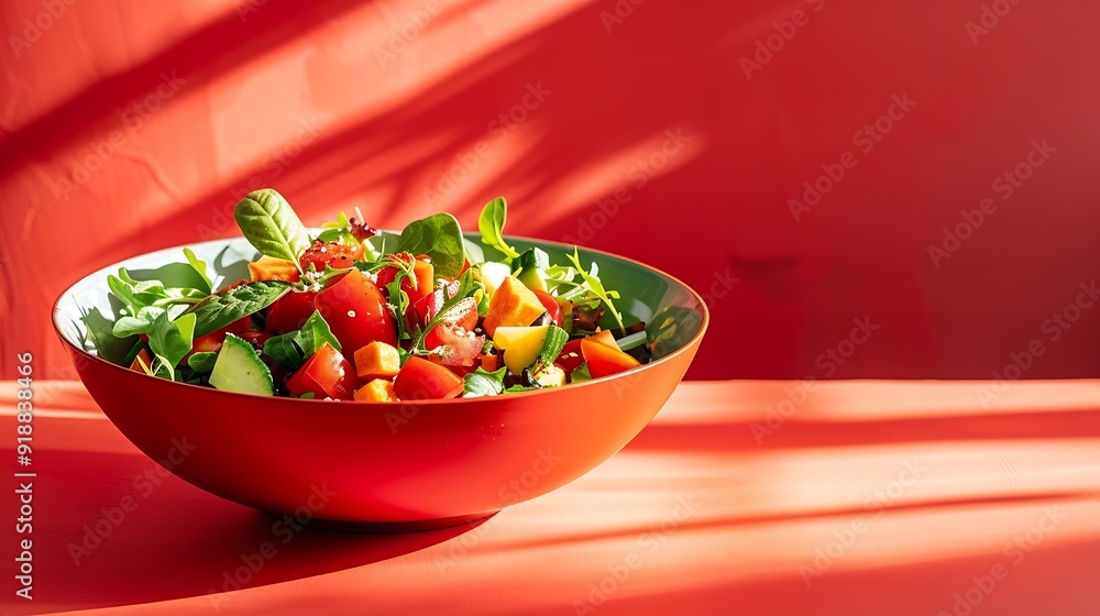 Poster vegetarian green salad on trendy red background with hard shadow green bowl with vegetables and tofu