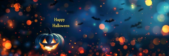 Halloween illustration design with dark and blurred background. Premium illustration for banners, posters, greetings and Halloween celebrations. panoramic text Happy Halloween