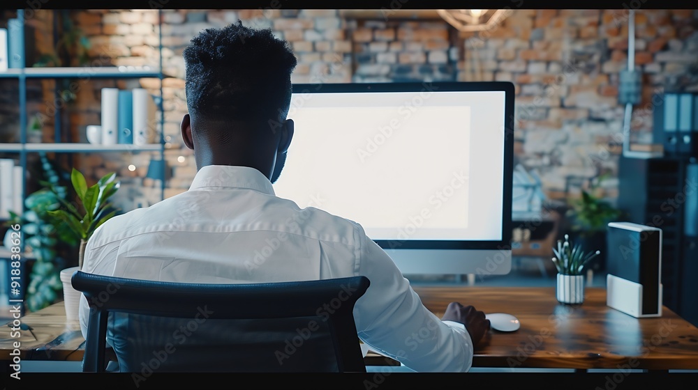Aufkleber unrecognizable black businessman using computer with empty blank screen sitting at workplace in offi
