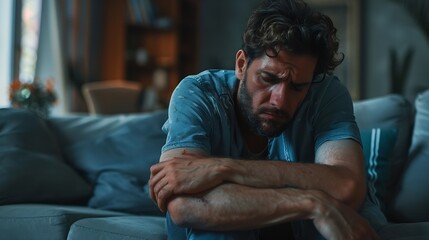 Obraz premium Man with mental health problem sitting on couch to resting head on his arms with depressed emotion : Generative AI