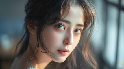 Fototapeta premium Portrait of beautiful young Asian girl at home : Generative AI