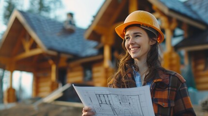 Stylish happy woman architect checking blueprints against modern farmhouse construction site Young female engineer or construction worker in hardhat with plans of new modern house : Generative AI