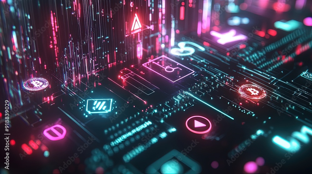 Poster a 3d visualization of various cryptocurrencies emerging from a digital matrix, representing innovati