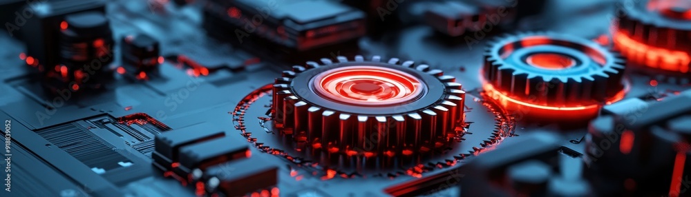Aufkleber futuristic circuit board with glowing gears and intricate patterns, showcasing advanced technology a