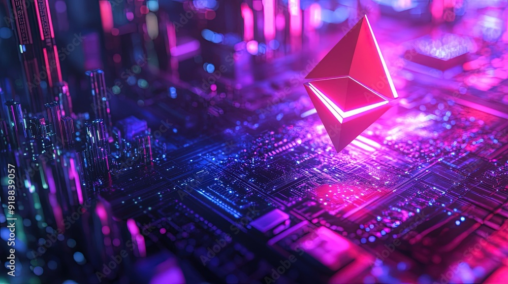 Poster a 3d rendering of ethereum tokens floating in a neon lit digital space, showcasing the cutting edge 