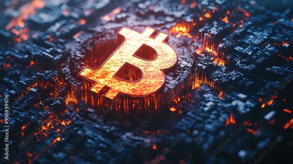 Poster a 3d rendering of a rotating bitcoin symbol in a futuristic digital landscape, highlighting innovati