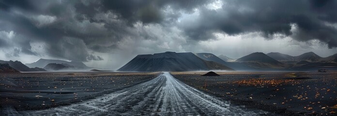 Rain-Drenched Road Leading Towards Dramatic Mountains