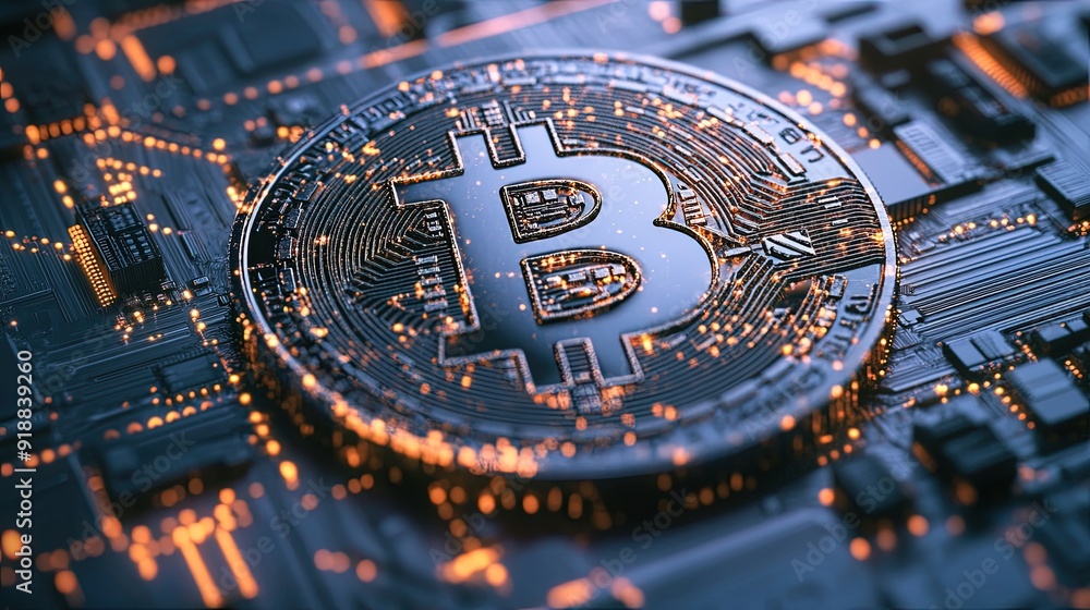 Poster a 3d hologram of a bitcoin coin with intricate digital patterns, highlighting the concept of virtual