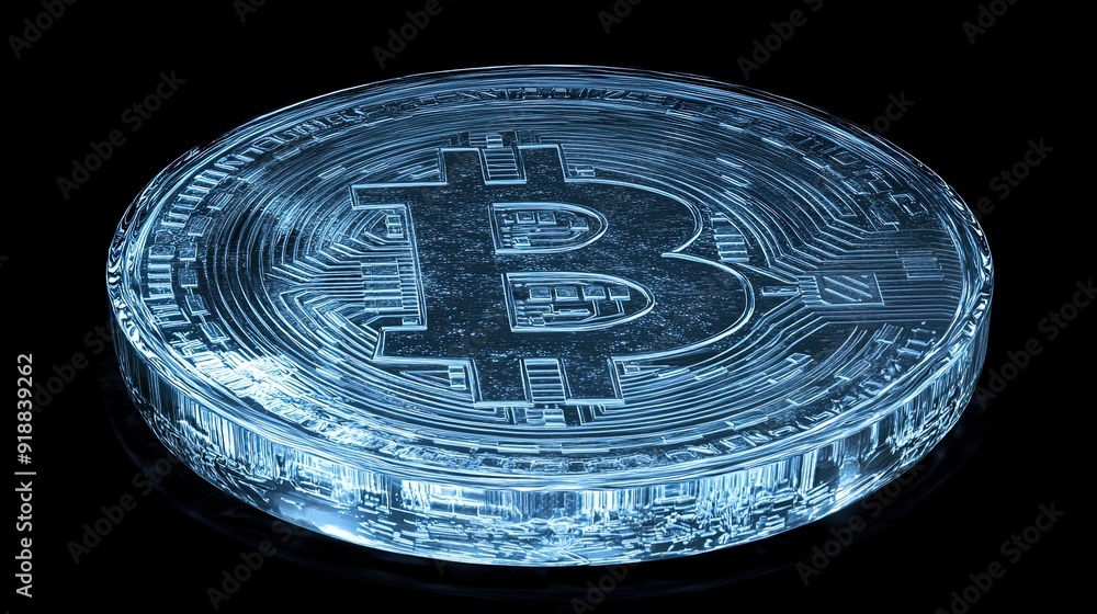 Poster a 3d hologram of a bitcoin coin with intricate digital patterns, highlighting the concept of virtual