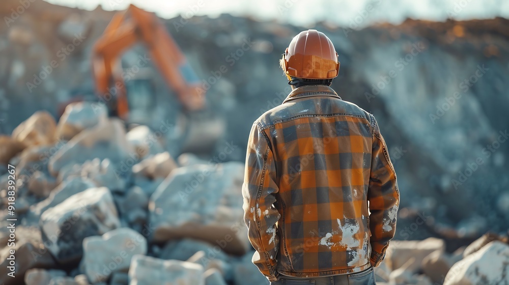Leinwandbilder Man construction engineer wears helmet ensure safety when working in construction zone standing on pile rocks looking checking for completeness in case there is error so that it can be : Generative AI