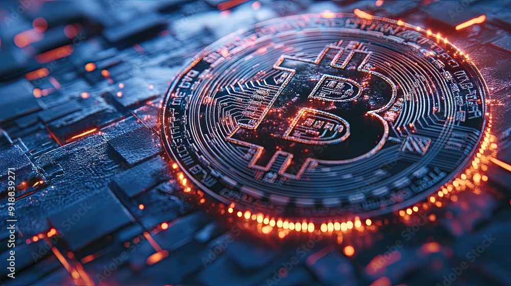 Poster a 3d hologram of a bitcoin coin with intricate digital patterns, highlighting the concept of virtual