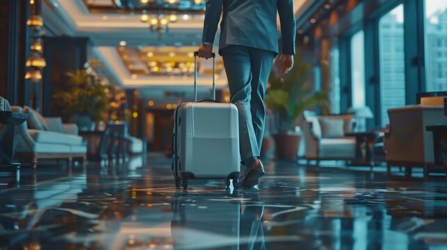 A businessman carrying his luggage in the lobby of a modern hotel He is on a business trip and is formally dressed and is just getting ready to go to a business meeting Travel luxury : Generative AI