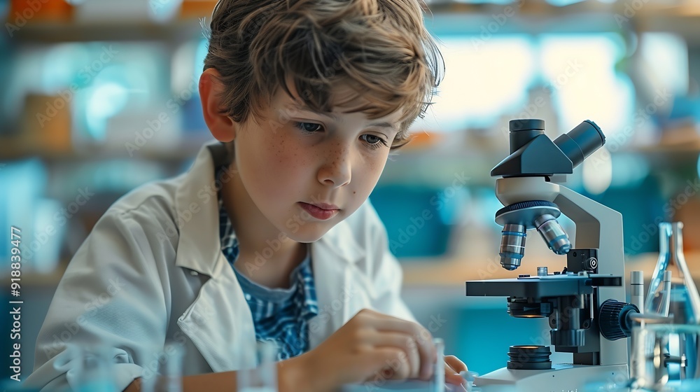 Aufkleber Composition of boy using microscope in science class with blue blurred copy space to right education and science research concept digitally generated image : Generative AI