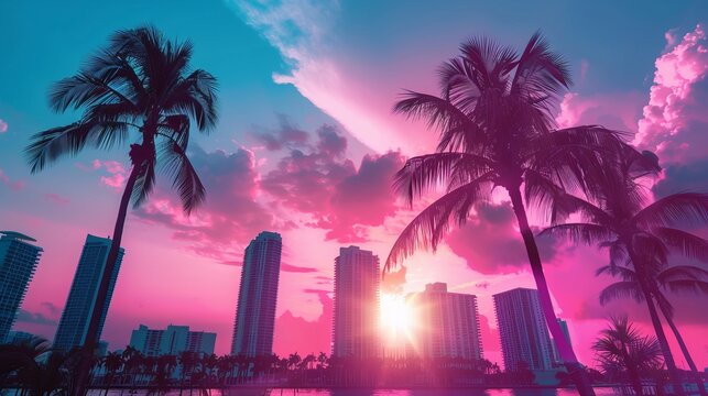 Vibrant miami vibes wallpaper background featuring lush palm trees, bright ocean views, and colorful beach umbrellas, perfect for creating a tropical travel atmosphere or summery vacation theme