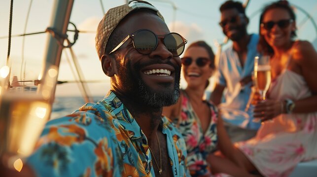 Multiracial friends having fun at boat party during summer vacation  Happy people cheering with champagne inside sailing cruis at sunset  Travel and holidays concept  Main focus on afr : Generative AI