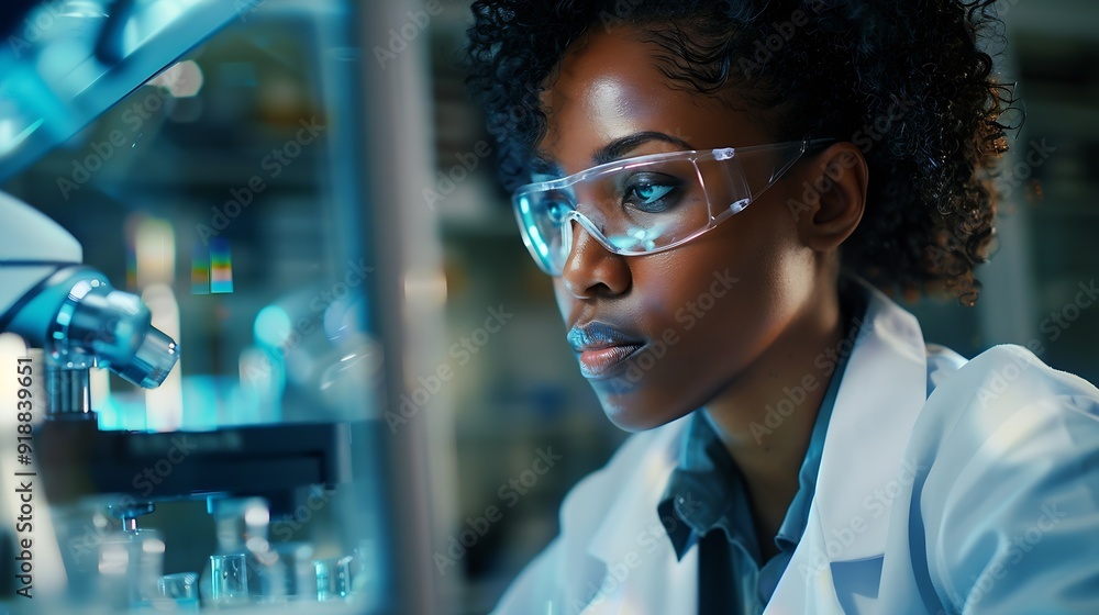Poster a focused african american woman scientist working on a computer in a laboratory setting : generativ