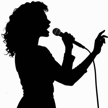 recommend clip art: Woman singer holding a microphone with gray cable and singing loud silhouette, singing girl isolated vector illustration on white background