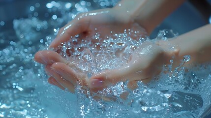 Hands woman and water for washing in bathroom for hygiene clean and healthy with wellness environment Skincare beauty and self care with splash for sustainable friendly future and hydr : Generative AI