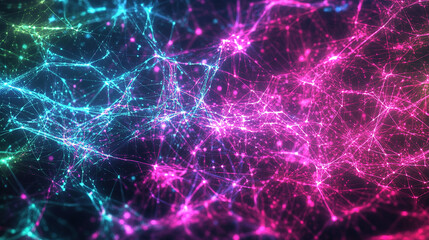 A vibrant and complex network of interconnected lines and nodes, rendered in a bright and saturated mix of blue, pink, and purple colors against a dark background. The image creates a sense of dynamic