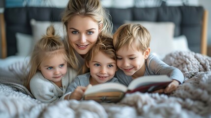 Mother with children reading book lying on bed at home : Generative AI