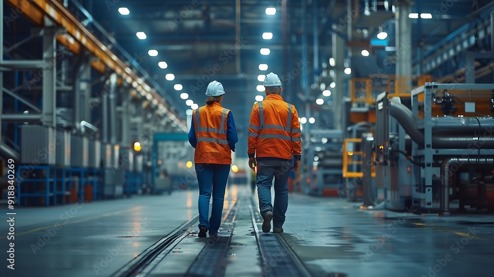 Poster two engineers talking walking across empty factory floor inspecting planning where all the machinery