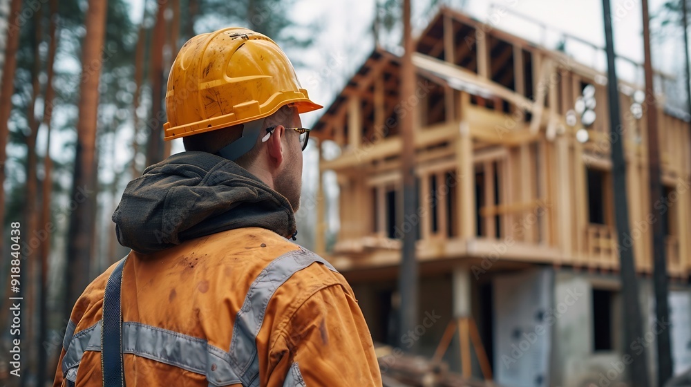 Poster worker building wooden twostory house near the forest man in work clothes and hard hat reviewing the
