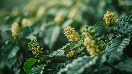 Ethiopian coffee plantations coffee flowers green beans processing methods : Generative AI