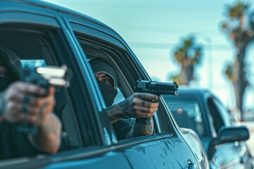 Naklejka premium The bandit aimed guns at the car