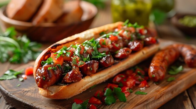 Chilean and Argentinian food Traditional choripan with spicy pebre chorizo sandwich with chorizo sausages and bread : Generative AI