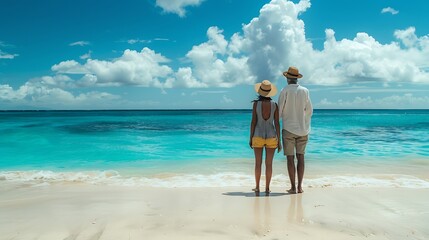 Rear view of a holiday couple standing at a paradise beach and looking at the turquoise waters of the Caribbean Sea : Generative AI