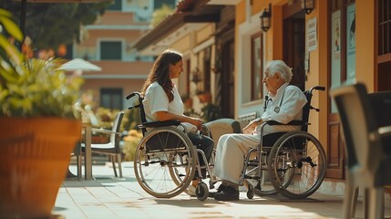 Obraz premium Patient with disability senior care and wheelchair with nurse talking to old man on patio of old age home Doctor healthcare or medical with woman and elderly person at assisted living : Generative AI
