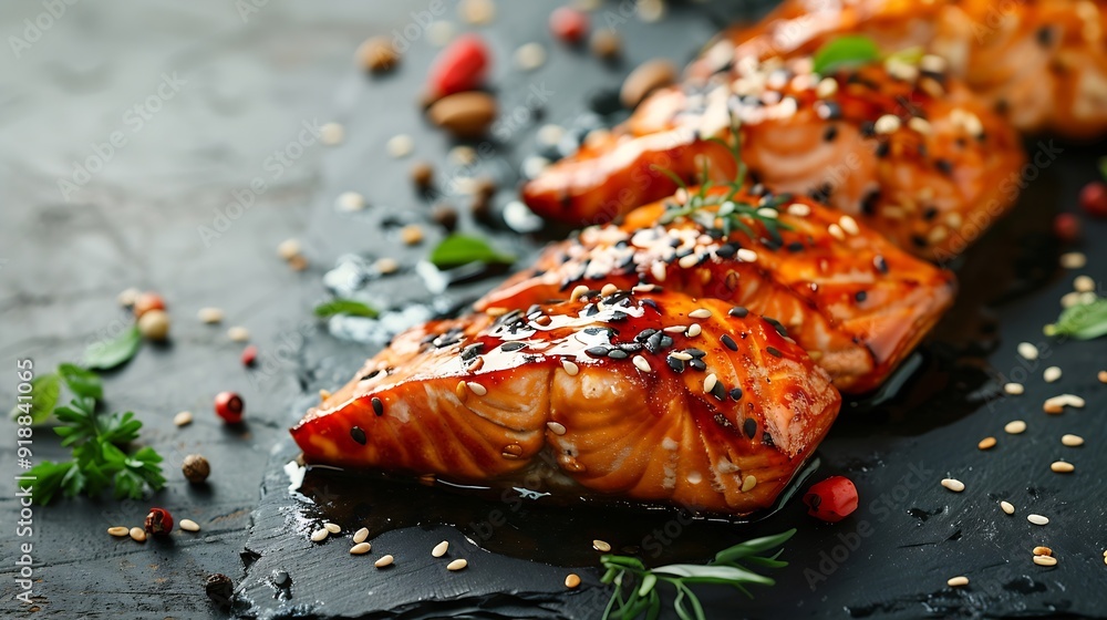 Poster delicious red salmon fish grilled with sauce and sesame seeds with rice vegetables spices and herbs 