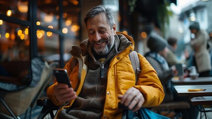 Fototapeta premium Happy paraplegic handicapped man in wheelchair is sitting at restaurant and using smartphone : Generative AI