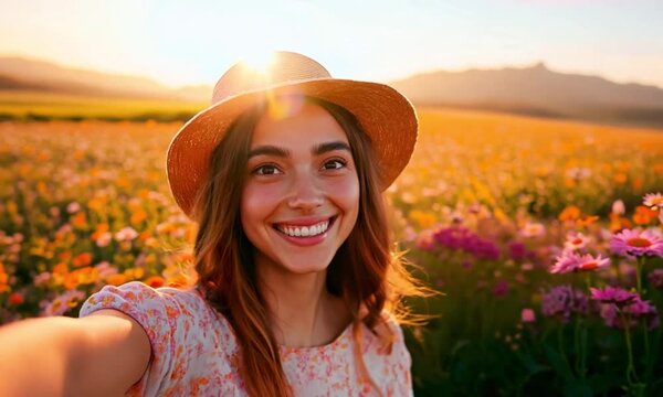 A cheerful young woman in a straw hat takes a video vlog in a vibrant flower field at sunset, her smile radiant with the golden light reflecting off her face.