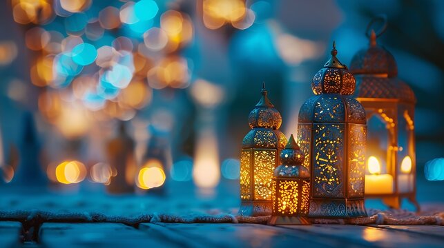 ramadan kareem background month of fasting saum pillars of Islam Muslim holidayArabic month Islamic figurines on a blue background copy space : Generative AI