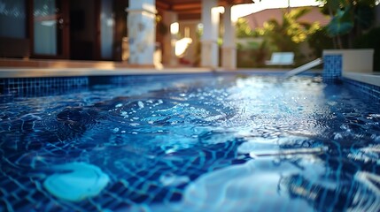 Backyard outdoor swimming pool behind new luxury home : Generative AI
