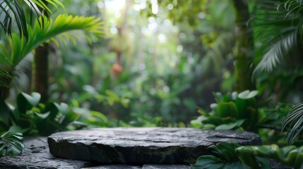 Stone tabletop podium floor in outdoors tropical garden forest blurred green leaf plant nature backgroundNatural product placement pedestal stand displayjungle paradise concept : Generative AI