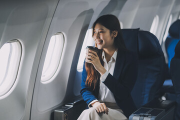 Asian woman sitting in a seat in airplane and looking out the window going on a trip vacation travel concept.Capture the allure of wanderlust with this stunning image