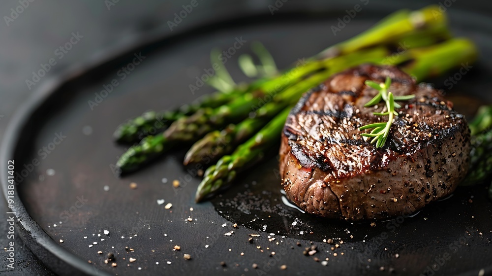 Poster Grilled Fillet Mignon Steak with roasted asparagus Black background Top view Copy space : Generative AI