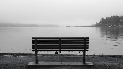 Obraz premium A black and white image of an empty park bench at the waterfront in Silverdale WA : Generative AI