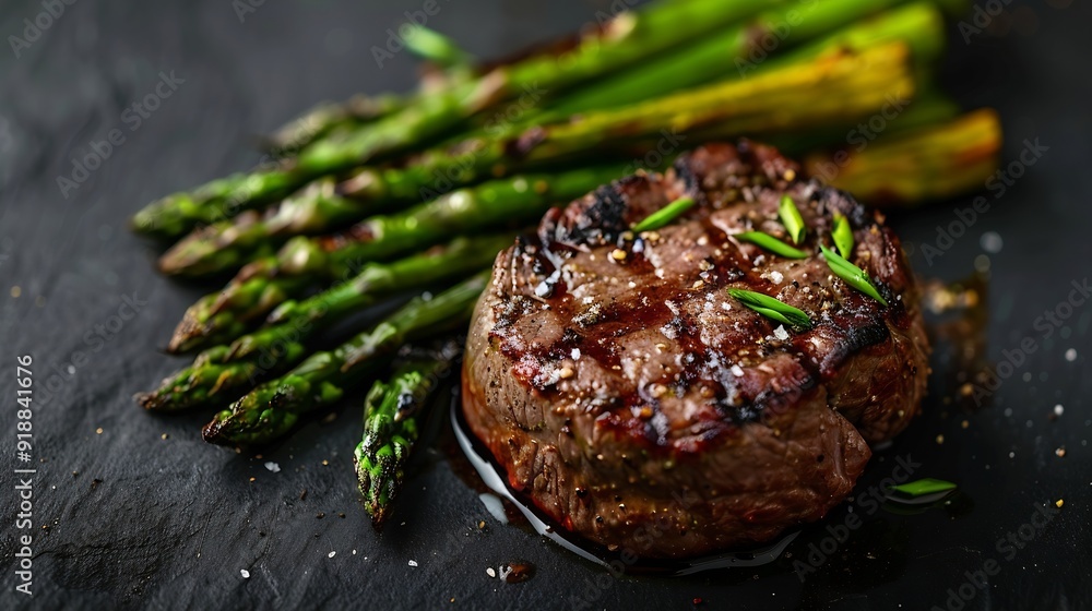 Poster Grilled Fillet Mignon Steak with roasted asparagus Black background Top view : Generative AI