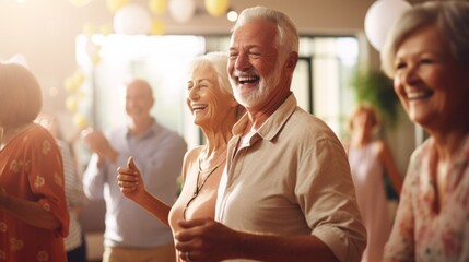 Happy senior couple is dancing and smiling, life in assisted living facility, senior care concept