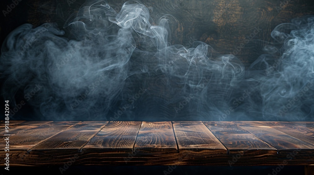 Poster On a black background an empty wooden table with smoke floats up Empty space for displaying your products with a smoke float up on a dark background Space available for displaying your : Generative AI
