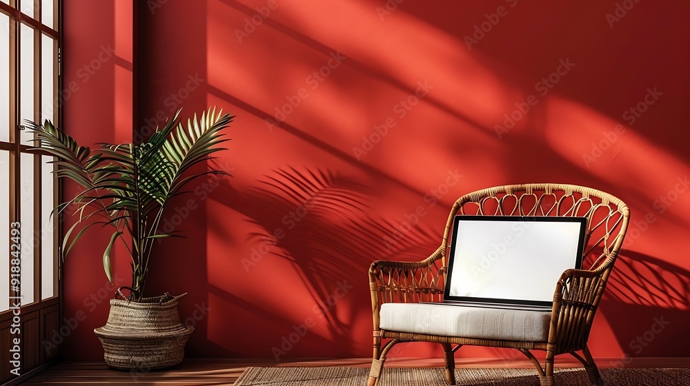 Aufkleber Laptop computer with blank screen on comfortable rattan chair against red color wall Aesthetic template with mockup copy space Online store blog social media website branding Online sh : Generative AI