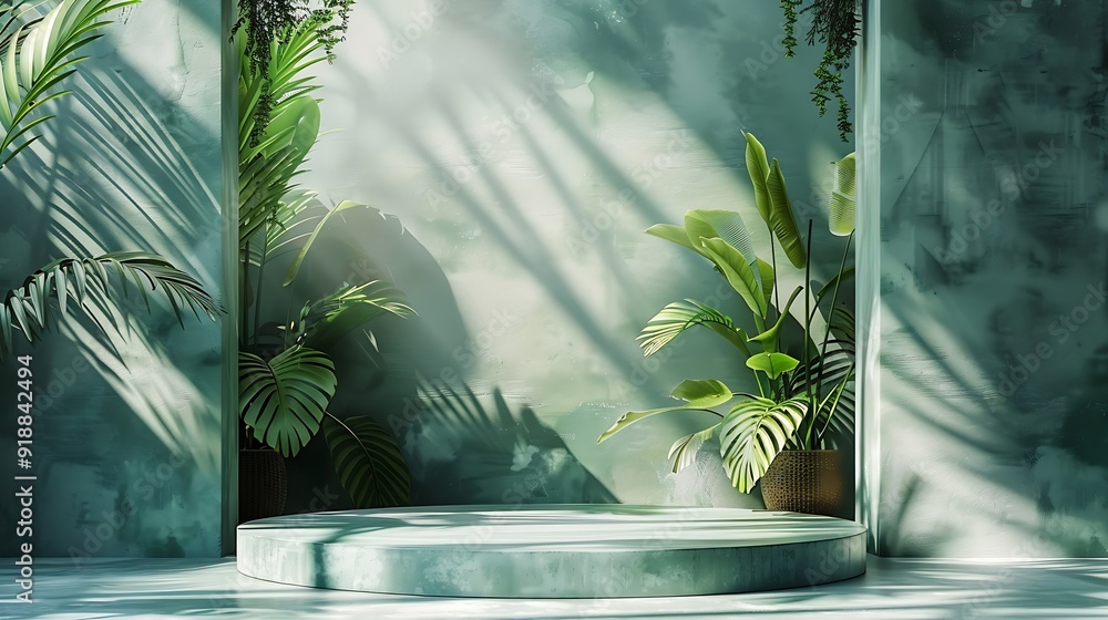 Aufkleber Green Shadow Backdrop Background Product 3d Bg Light Leaf Wall Podium Abstract Leaves Minimal Table Presentation Summer Tropic  Loft Backdrop Platform Pastel Gradient Two Tone Studio F : Generative AI