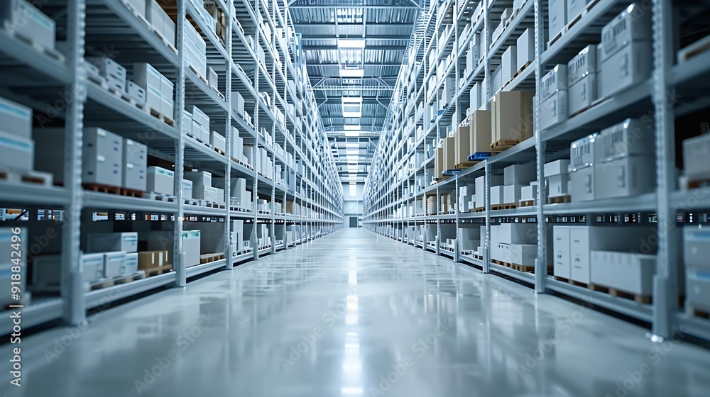 Poster rows of shelves with boxes in the factory warehouse a perfectly white clean warehouse smooth boxes s