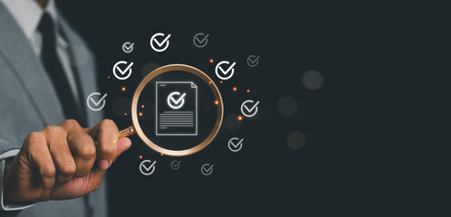 Online survey filling out and digital form checklist by laptop computer, Document Management Checking System, online documentation database and process manage files.