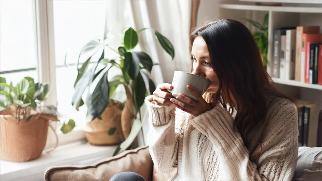 A woman is sitting on a couch with a cup in her hand