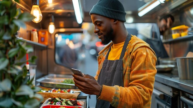 Black man making payment with smartphone in food truck : Generative AI